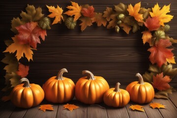 Naklejka na ściany i meble thanksgiving pumpkins and autumn leaves on wooden background