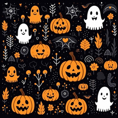 Halloween pattern with pumpkin, ghosts, spiders, etc in cartoon style 