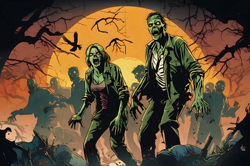 Scary halloween zombie apocalypse background ai generative illustration - obrazy, fototapety, plakaty
