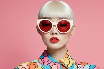 Pop art fashion model woman with sunglasses and pink background ai generative image