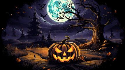 Fototapeta premium Halloween background with pumpkins lanscape