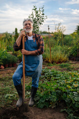 Older farmer posing while digging in his garden