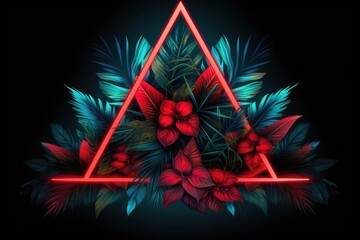 neon triangle with tropical foliage background in cyan with red neon leaves, in the style of lo-fi aesthetics, contemporary graphic design aesthetics