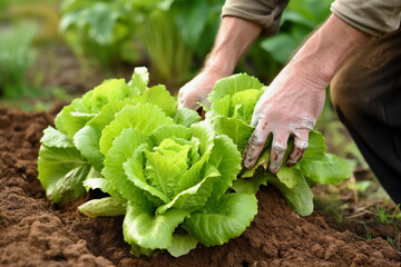 Hands planting lettuce and lettuce fields and sunlight shining on vegetables