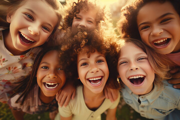 Happy faces of children close up. Background with happy children aged 6-9 years. generative ai
