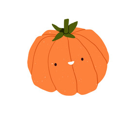 Cute pumpkin character. Funny amusing vegetable, food with happy smiling face expression. Comic autumn veggie, joyful emotion. Kids childish flat vector illustration isolated on white background