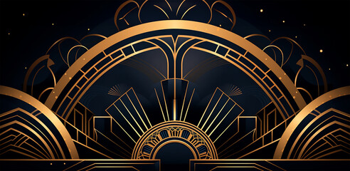 Abstract geometric shapes, arches, and swirls forming an elegant Art Deco pattern, Gold color scheme with intricate details, Evoking a vintage 1920s Gatsby vibe