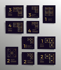 Cover design for brochure, booklet, book, poster, flyer, textbook, folder. Collection of vector geometric patterns with golden lines. A set of templates of different formats.