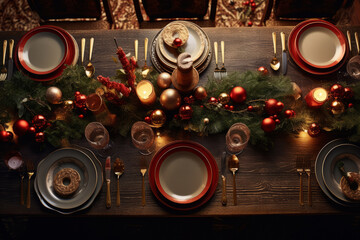 Beautiful Christmas table top view. generative ai
