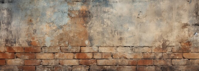 Aged wall background with lichen-splattered, rain-beaten bricks