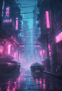 Neon-lit cyberpunk streets, futuristic cityscape, dystopian artwork in the dark, 4k wallpaper. Rainy and foggy atmosphere, evoking a moody and desolate future.