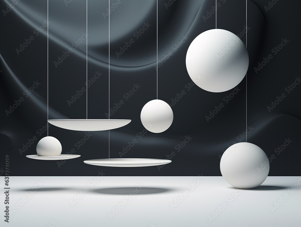 Poster floating spheres 3d rendering empty space for product show. generative ai
