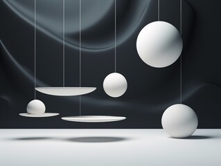 Floating spheres 3d rendering empty space for product show. Generative AI
