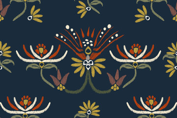 African Ikat paisley embroidery on navy blue background.geometric ethnic oriental seamless pattern traditional.Aztec style abstract vector illustration.design for texture,fabric,clothing,wrapping