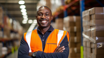man standing in a warehouse black African man employee blurred background