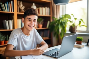 Happy Latin teen student elearning at home on pc, writing notes. Smiling teenage boy using laptop watching webinar, hybrid learning english online virtual class, sitting at home table