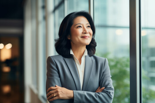 Happy proud prosperous mid aged mature professional Asian business woman ceo executive wearing suit standing in office arms crossed looking away thinking of success, leadership, side profile view.