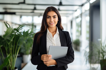 Smiling latin young professional business woman corporate marketing manager, female worker holding digital tablet computer fintech tab at work standing in modern company office looking at camera.