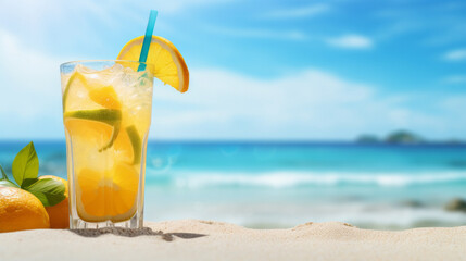 A beautiful drink or lemonade on the beach in the sand against the background of the sea or ocean with a place for an inscription or logo. generative ai
