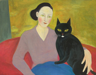 woman and cat. oil painting. illustration