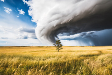 Hurricane, huge tornado in the golden field with lonely tree