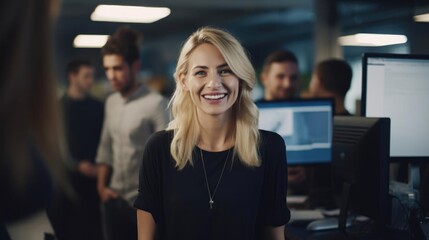 Smiling blonde female graphic designer talking to her colleagues