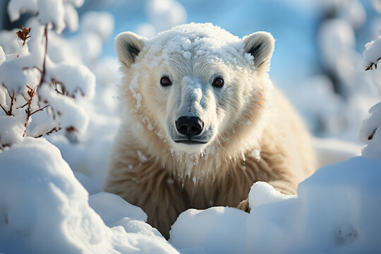 Polar bear in the snow with snow on the ground. generative ai