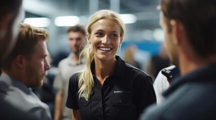 Smiling blonde female marine biologist talking to her colleagues