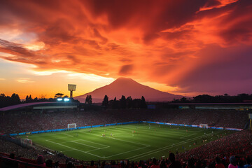 A radiant sunset paints the sky over a bustling football stadium, with the iconic silhouette of Mount Kilimanjaro looming in the distance