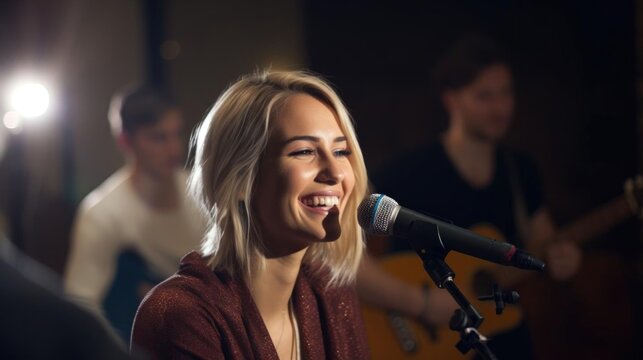 Smiling blonde female musician talking to her colleagues