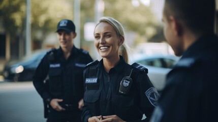 Smiling blonde female police officer talking to her colleagues