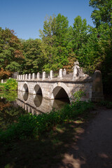 Classicism architecture historic bridge on water, Royal Baths Park In Warsaw Łazienki Królewskie w Warszawie
