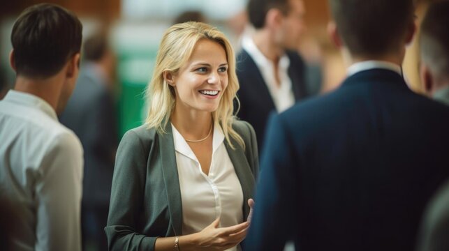 Smiling blonde female politician talking to her colleagues