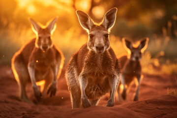 Naklejka premium Beautiful kangaroo family running during golden hour