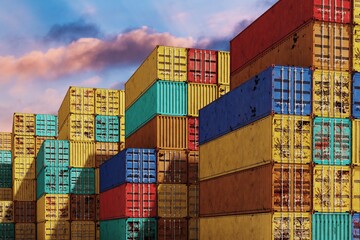 Fototapeta premium Stack of containers box, Cargo freight ship for import export logistics.