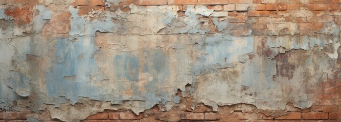 Decades-old wall background with paint-peeling, time-worn bricks