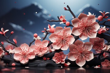 Chinese new year concept paper art style background. Dragon and cherry blossom red background.