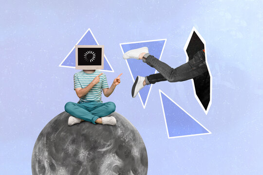 Artwork collage picture of mini guy sit big full moon loading screen instead head point fingers legs black hole isolated on blue background