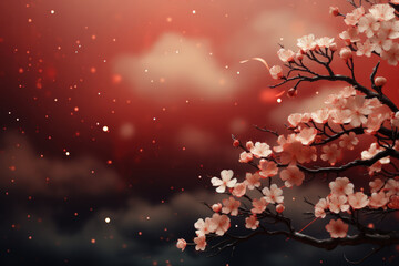 Chinese new year concept paper art style background. Dragon and cherry blossom red background.