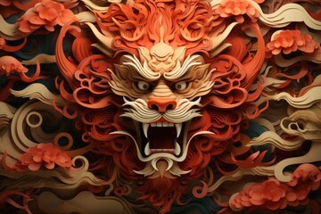 Fototapeta premium Chinese new year concept paper art style background. Dragon and cherry blossom red background.