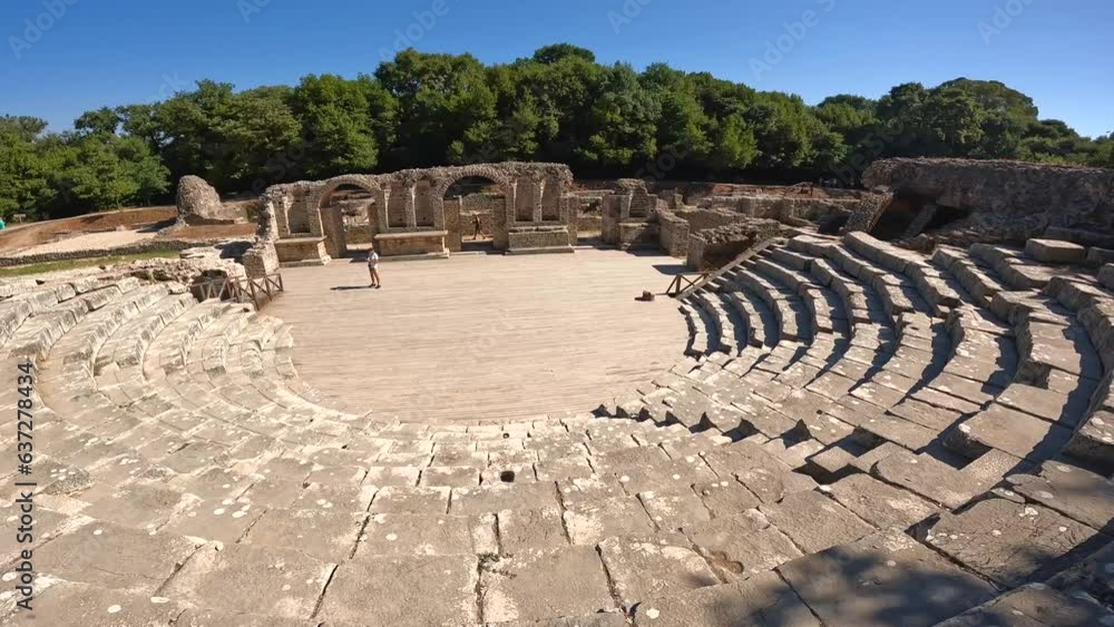 Wall mural panning at the entrance of the theater in the archaeological ruins of butrint or butrinto national p