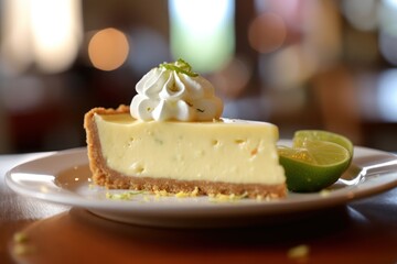 A slice of key lime pie on a plate, created by Generative AI