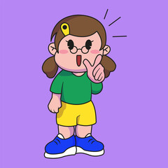 A cute girl with glasses is explaining something. Isolated conceptual icon study, knowledge. emotions. flat cartoon style