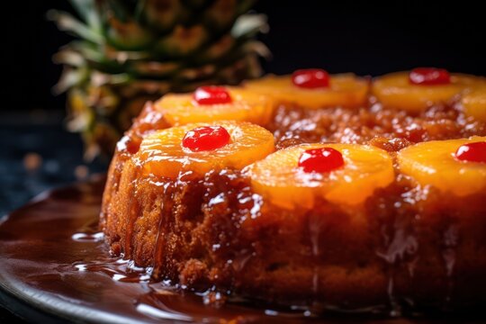 A pineapple upside down cake on a plate, created by Generative AI