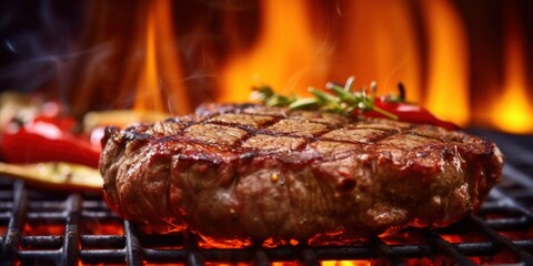 A steak is being cooked on a grill in front of flames, created by Generative AI