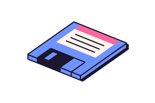 Diskette, floppy magnetic disk, 90s computer memory. Information, data storage concept. Retro old isometric icon in retrowave technology style. Flat vector illustration isolated on white background