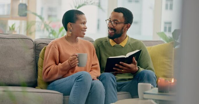 Coffee, bible study and relax with black couple on sofa for praying, worship and discussion. Learning, holy book and tea with man and woman in living room at home for Christian, faith and religion