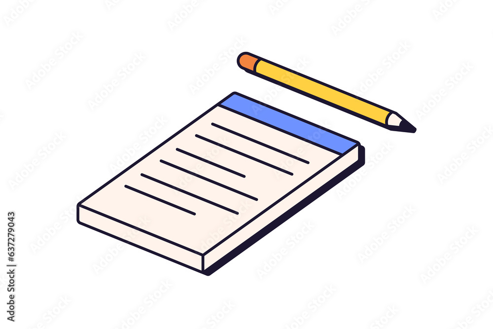 Aufkleber Paper notebook and pencil. Notepad page with information. Memo sticky notes, reminders. Business planner, office organizer in retro 90s style. Flat vector illustration isolated on white background