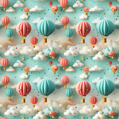 seamless pattern of vibrant pink and blue hot air balloons flying in the sky among clouds. baby shower. kid background