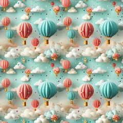 Papier Peint photo Lavable Montgolfière seamless pattern of vibrant pink and blue hot air balloons flying in the sky among clouds. baby shower. kid background